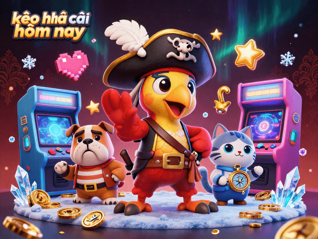 Engage with kèo nhà cái hôm nay through this vibrant 3D casino illustration featuring cartoon pirate characters and gaming elements.