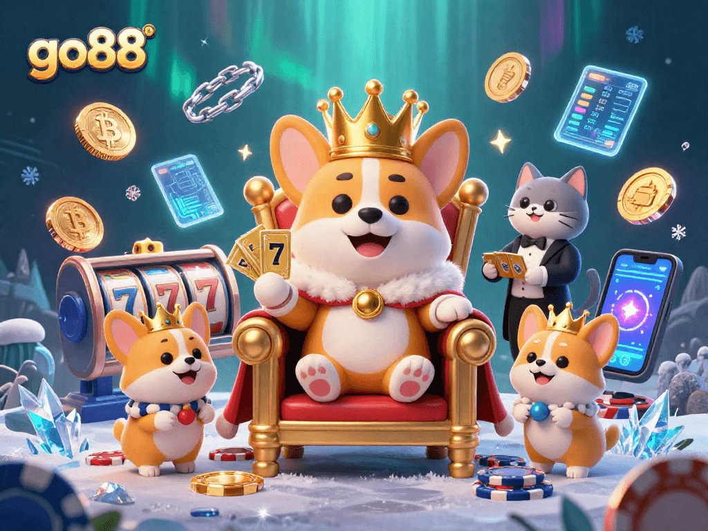Experience the thrills of go88 with our royal corgi and dynamic casino scene, complete with vibrant game elements.