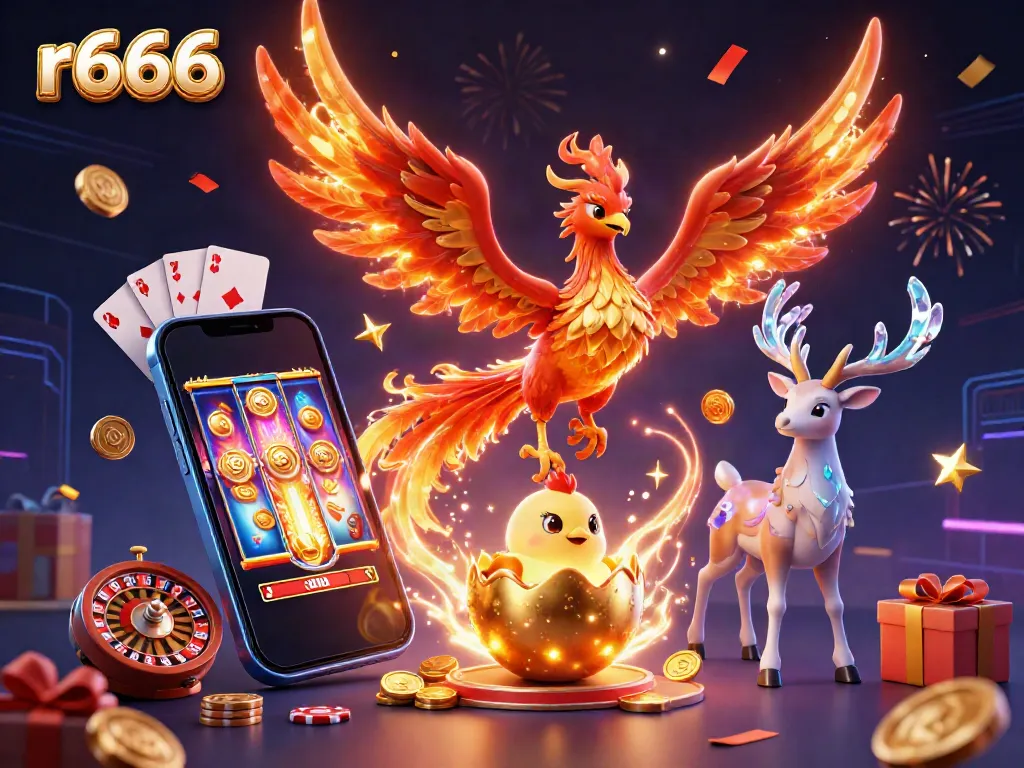 Experience winning excitement at r666 with a vibrant casino scene featuring a phoenix and dynamic games.