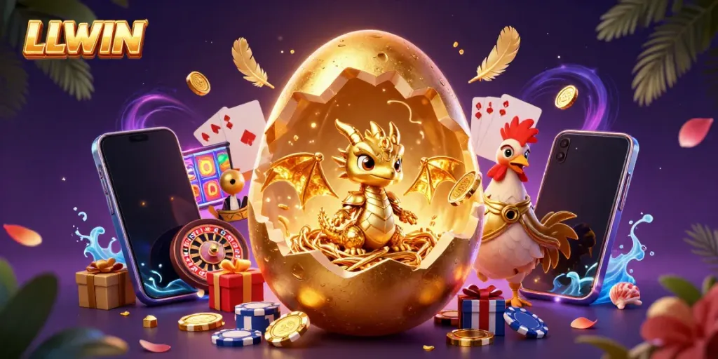 LLWIN showcases a golden dragon emerging from poker chips amidst vibrant casino elements.
