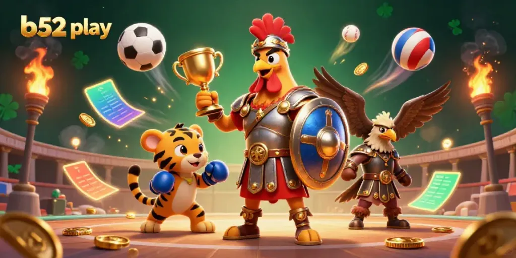Engage with thrilling b52 play experience featuring animated gladiators, sports betting elements, and rich casino atmosphere.