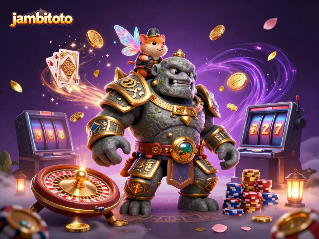 Spin big with jambitoto as a magical golem comes to life surrounded by cascading coins and enchanting gameplay elements.