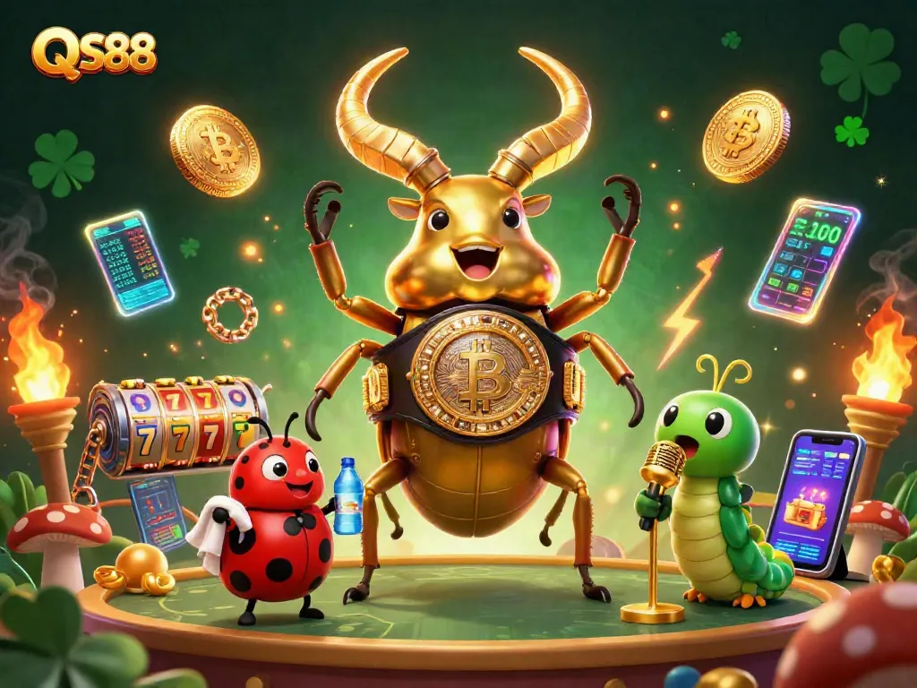 Engage in thrilling gameplay with QS88 in a vibrant casino scene featuring a golden stag beetle, lucky symbols, and dynamic cryptocurrency elements.