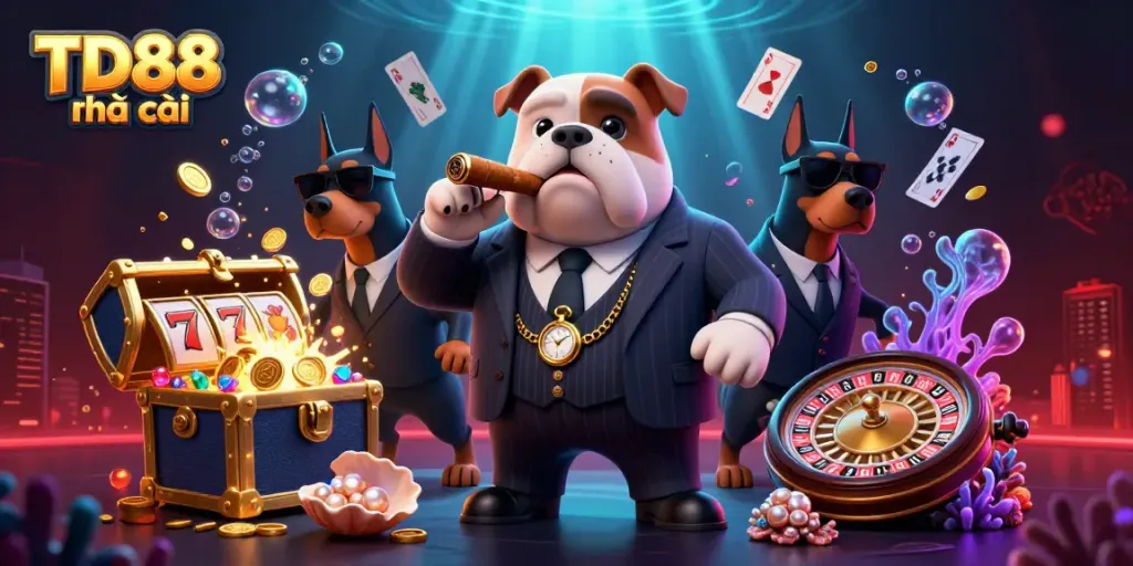 Witness the dynamic scene of TD88 nhà cái with a mafia bulldog and two Dobermans amidst floating casino elements.