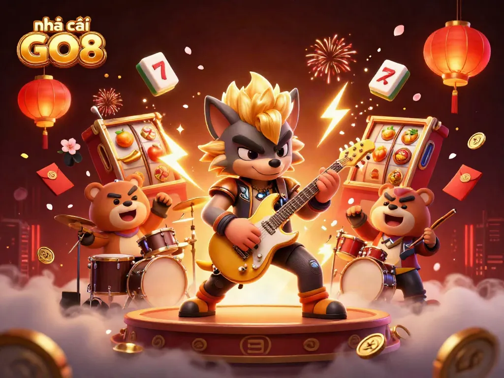 Experience vibrant action with nhà cái GO8 in a dynamic casino scene featuring cartoon characters and game elements.