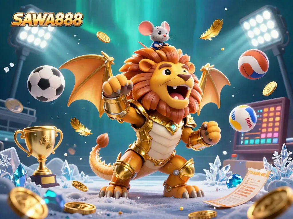 Experience the thrill of SAWA888 with an epic scene featuring a chimera in golden armor, sports betting elements, and vibrant visuals.