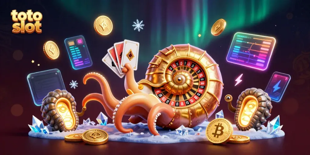 Experience the thrill of toto slot with a dazzling casino scene featuring a glowing nautilus roulette wheel and vibrant crypto elements.