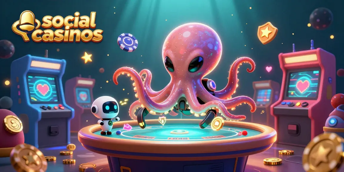 Engage in thrilling social casinos gameplay with a vibrant alien octopus and animated robot companions.
