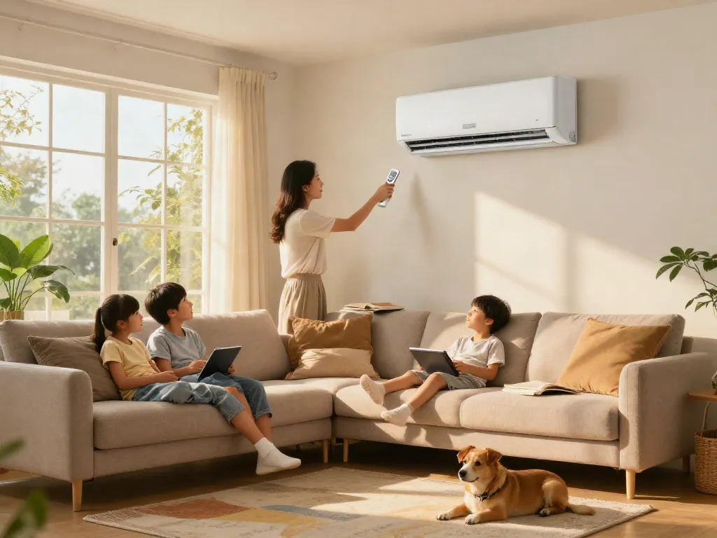 Family relaxing in a living room with a 24000 btu mini split air conditioner providing cool comfort.