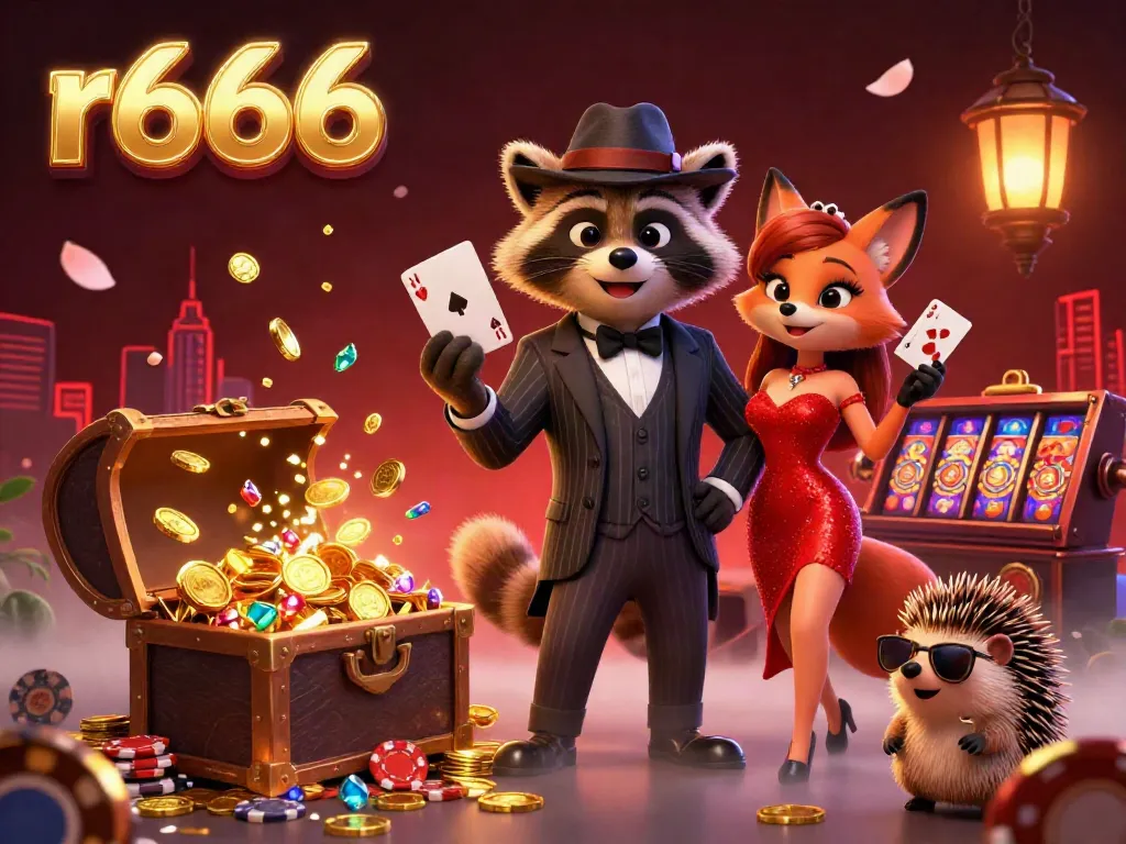 Experience thrilling action at r666 casino with suave characters, royal flush hands, and vibrant casino elements.