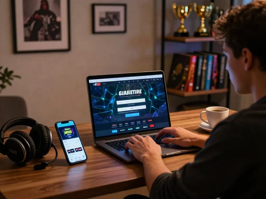 login situs m88 online gaming setup with laptop, phone, and coffee