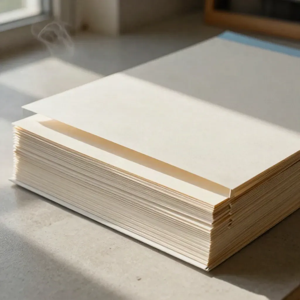 Paper folios and proof jackets on a stone worktable in a print studio with rain mist