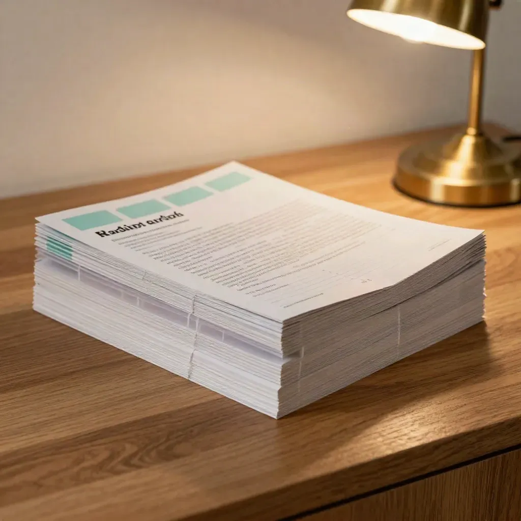 Mint-flagged readability audit pages stacked on pale oak under warm lamp light.