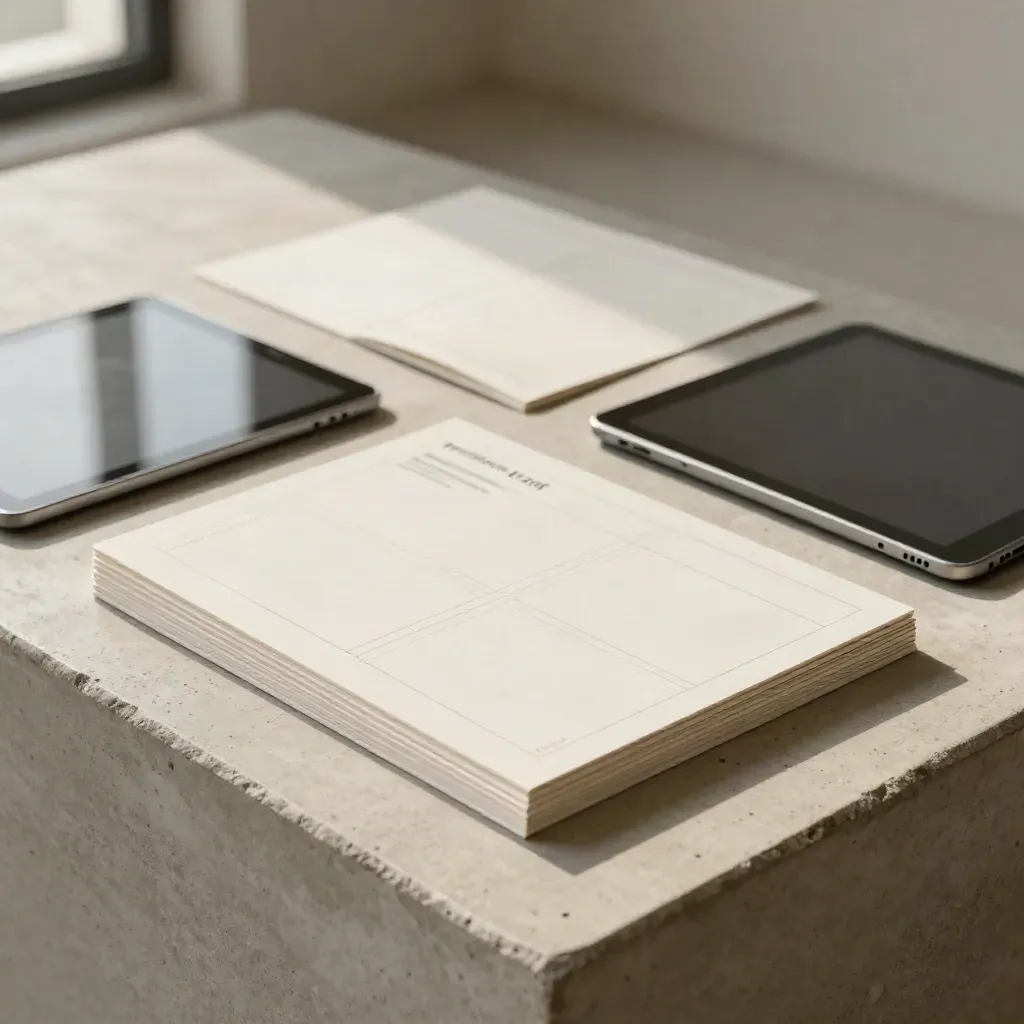 Layout cards, closed tablet, and folded sitemap board on concrete in soft studio light.