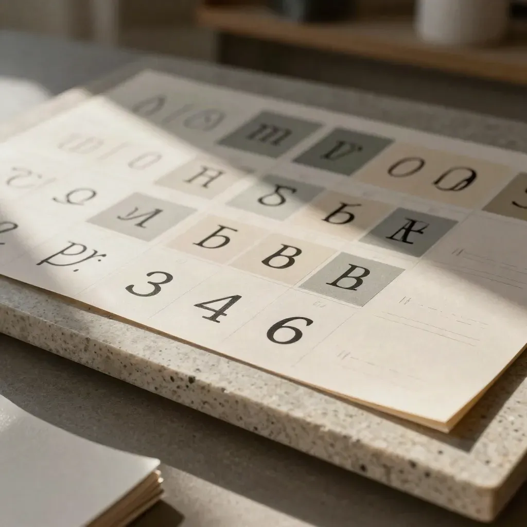 Macro design board with spaced paper blocks, layout chips, and swatch cards on brushed stone.