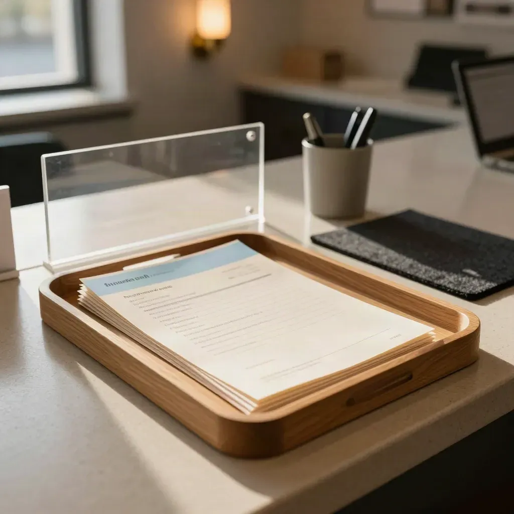 Lobby tray with a simplified intake packet, divider tabs, and a calm counter mat in warm afternoon light.