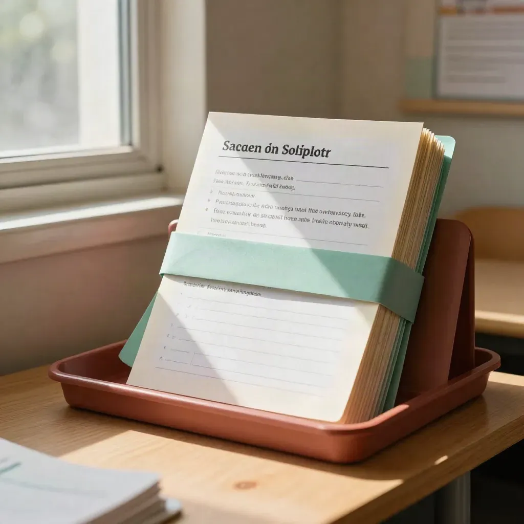 School packet with lesson cards and guide sleeves on maple in soft window light.