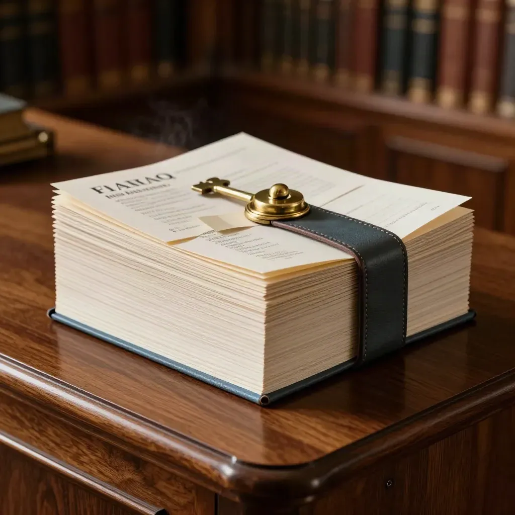 Law-firm FAQ packet with brass paperweight and blue divider tabs on a walnut credenza.