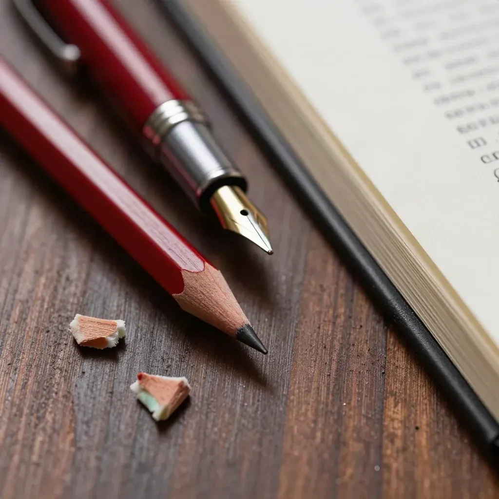Macro still life of editing tools on dark walnut with graphite dust, cream page edges, and a mint tab.