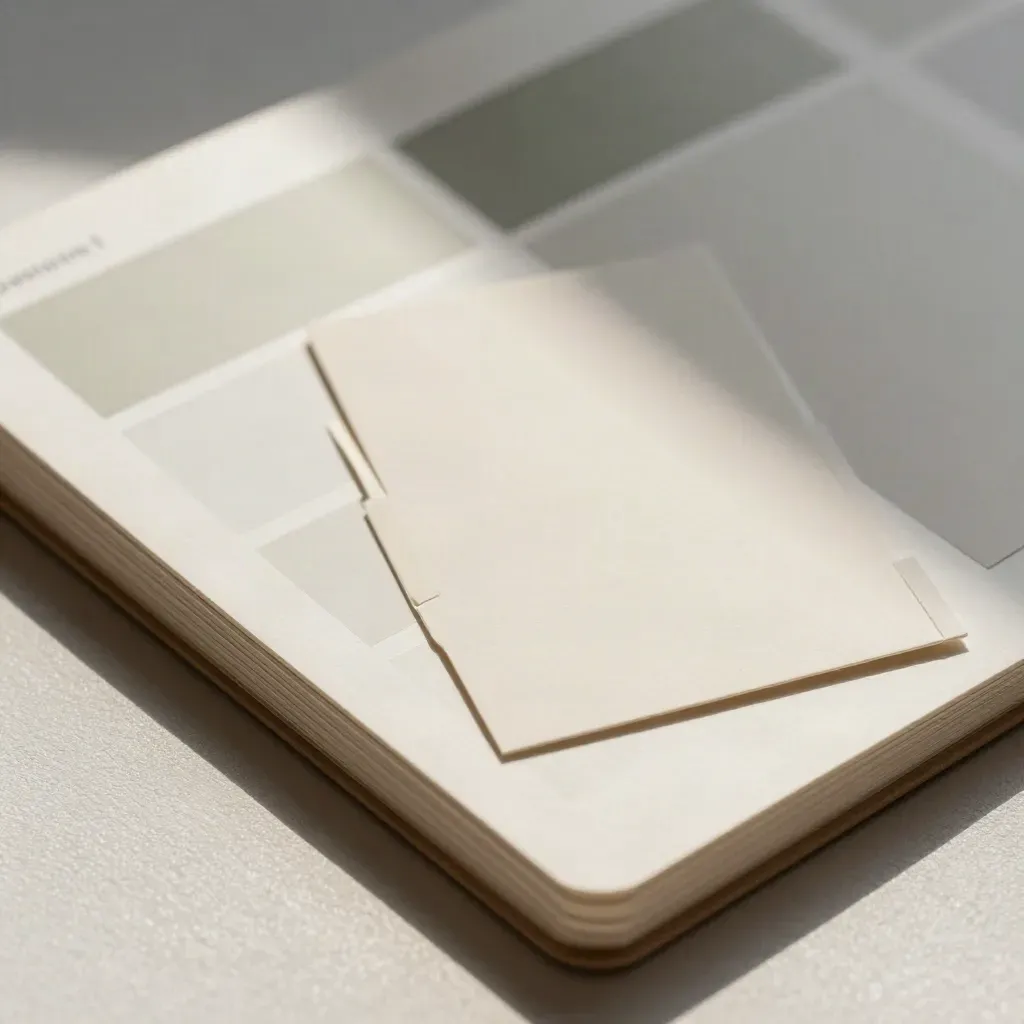 Macro of white swatch cards and a style guide folder on brushed plaster, lit from upper left.