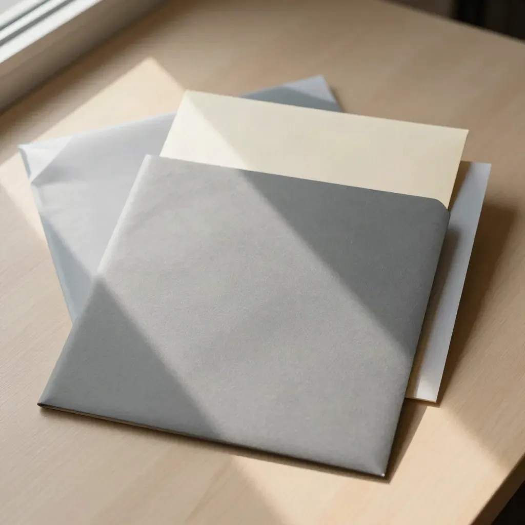 Top-down folder, mailer, and sleeves on pale wood in soft side light.