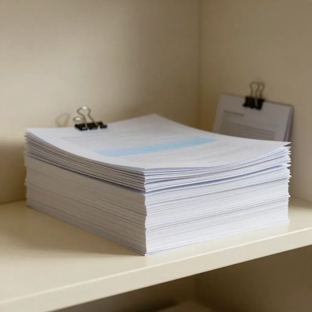 Two proof versions, translucent overlay and binder clips on a plaster shelf with sky-blue accents.