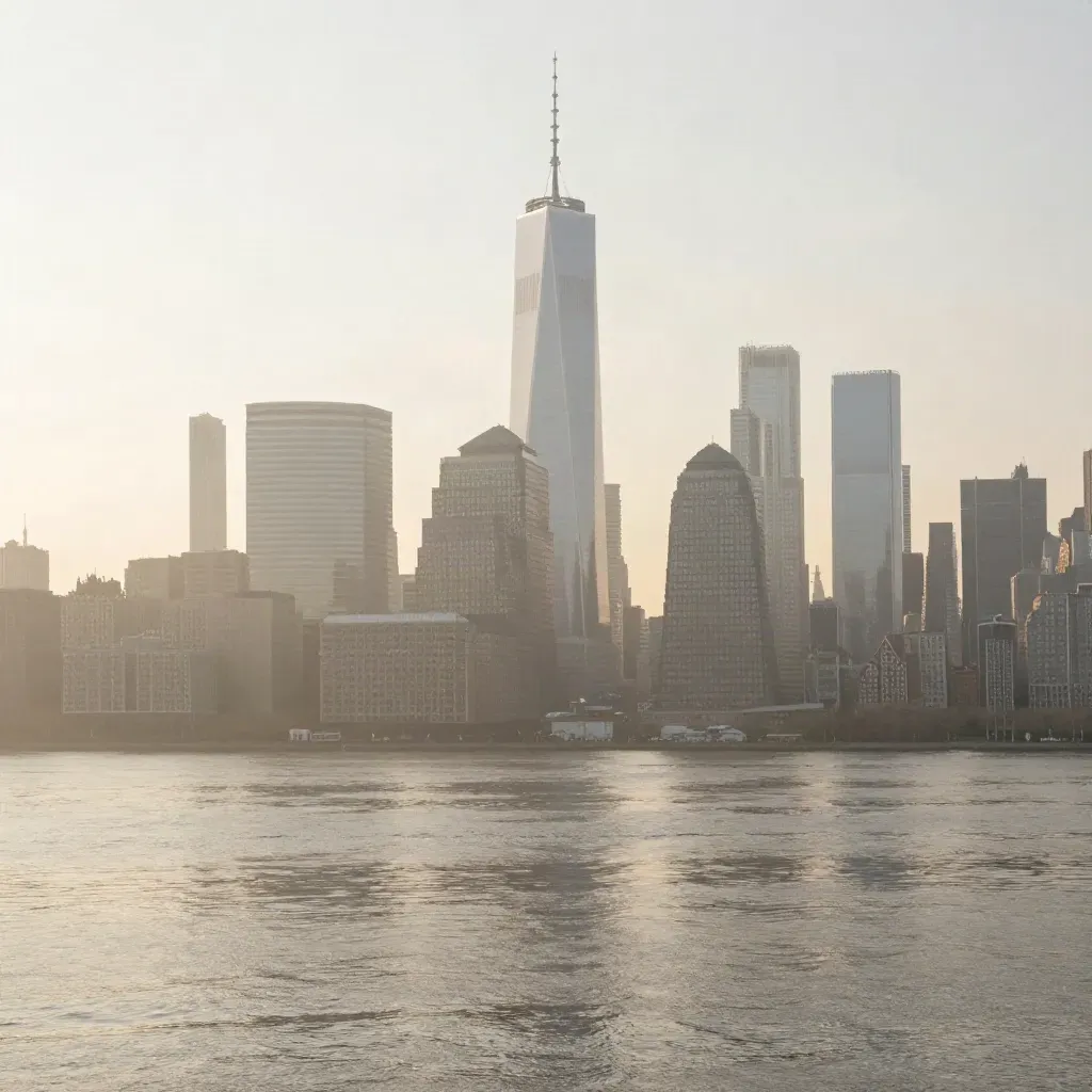 Lower Manhattan skyline above Hudson River haze in warm late-afternoon light
