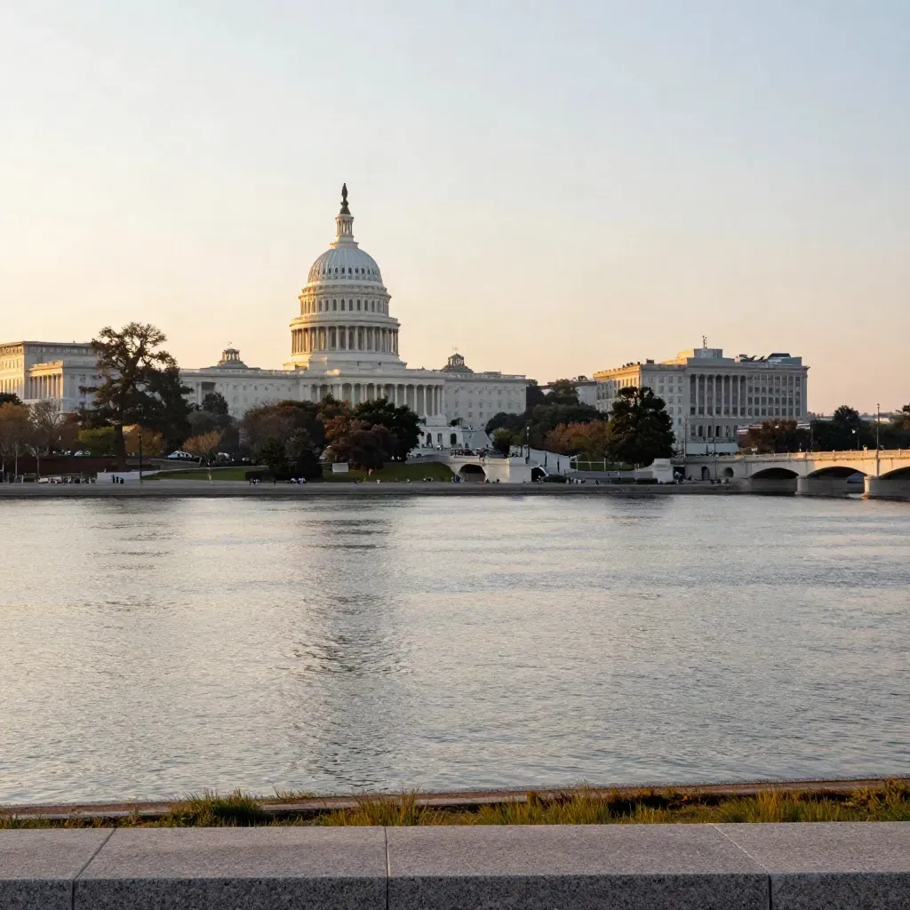 Capitol dome over the Potomac at golden hour, with quiet river plain and warm haze.