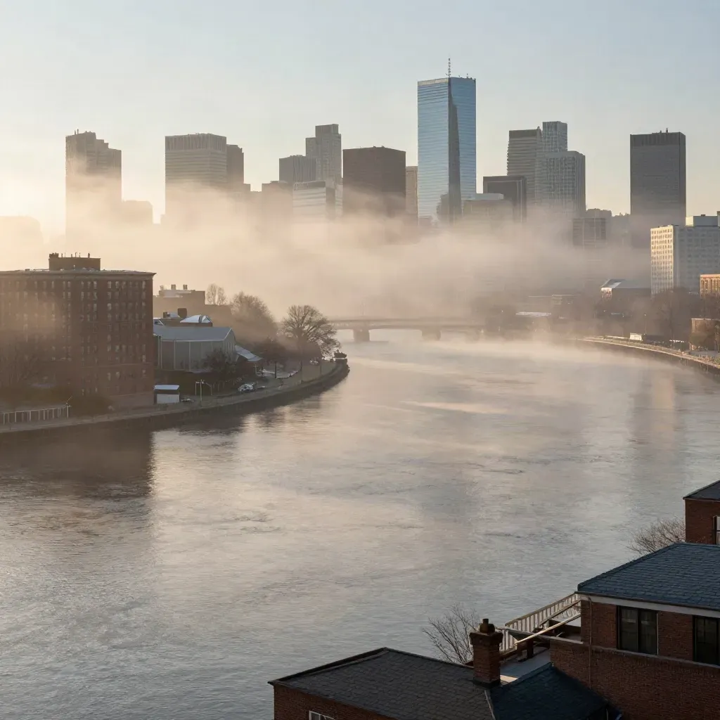 Misty Boston skyline above the Charles River at dawn, calm open water below.