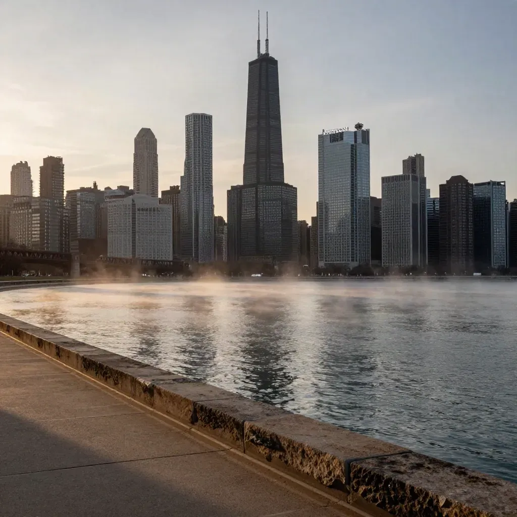Chicago skyline above lake haze and river bends at warm dusk with calm open water below