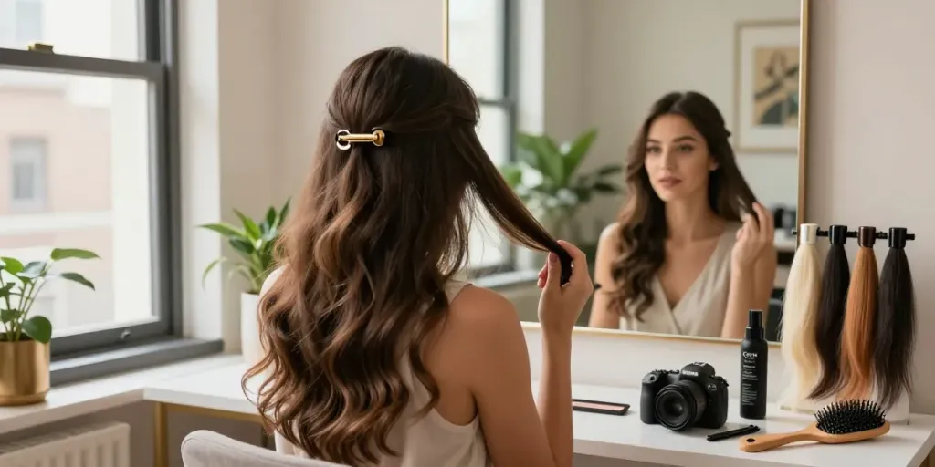 Applying seamless hair extensions clip in for a flawless hairstyle transformation in a stylish urban setting.
