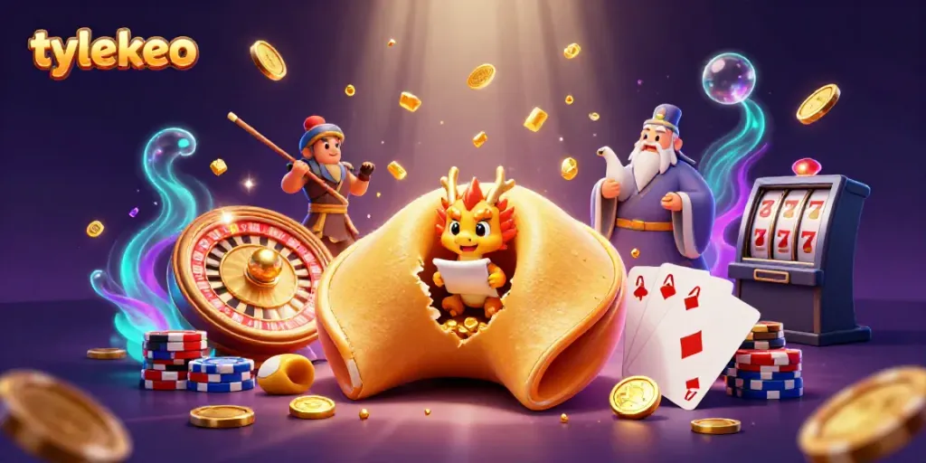 Engage with tylekeo in a vibrant 3D scene depicting casino characters and elements, enhancing the gambling experience.