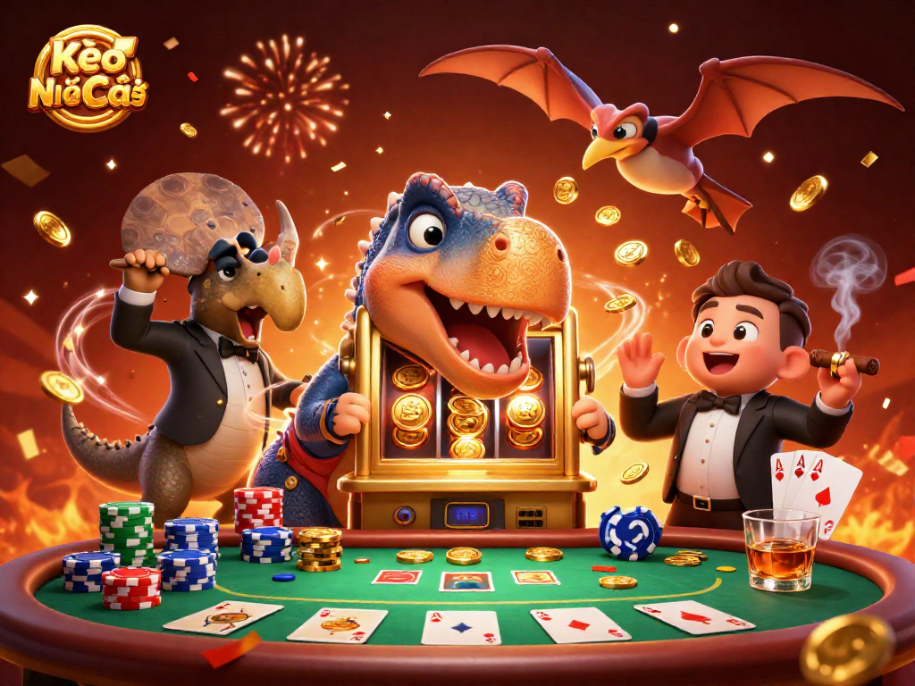 Kèo Nhà Cái 5 features a pachycephalosaurus and casino characters celebrating a jackpot win with vibrant animations.