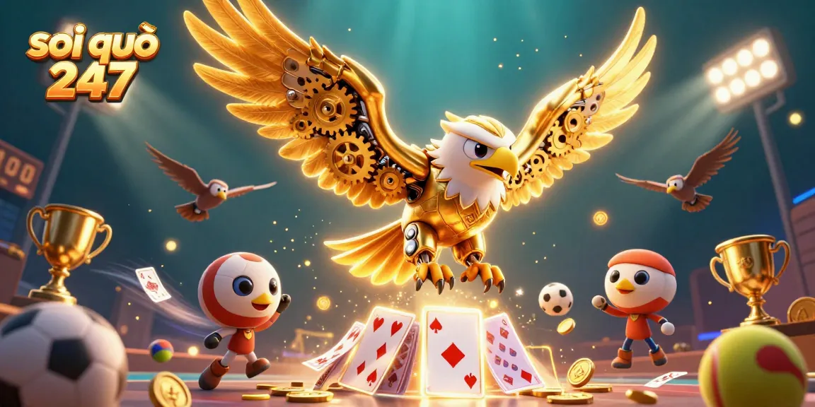 Soi cầu 247 showcases a dynamic scene of a cybernetic eagle among holographic cards and sports elements