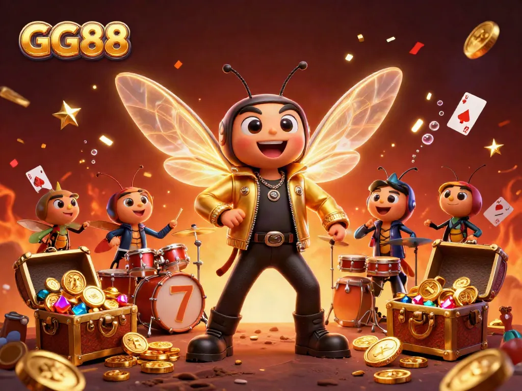 Win big with GG88 in this vibrant 3D casino scene featuring energetic characters and dynamic gaming elements.