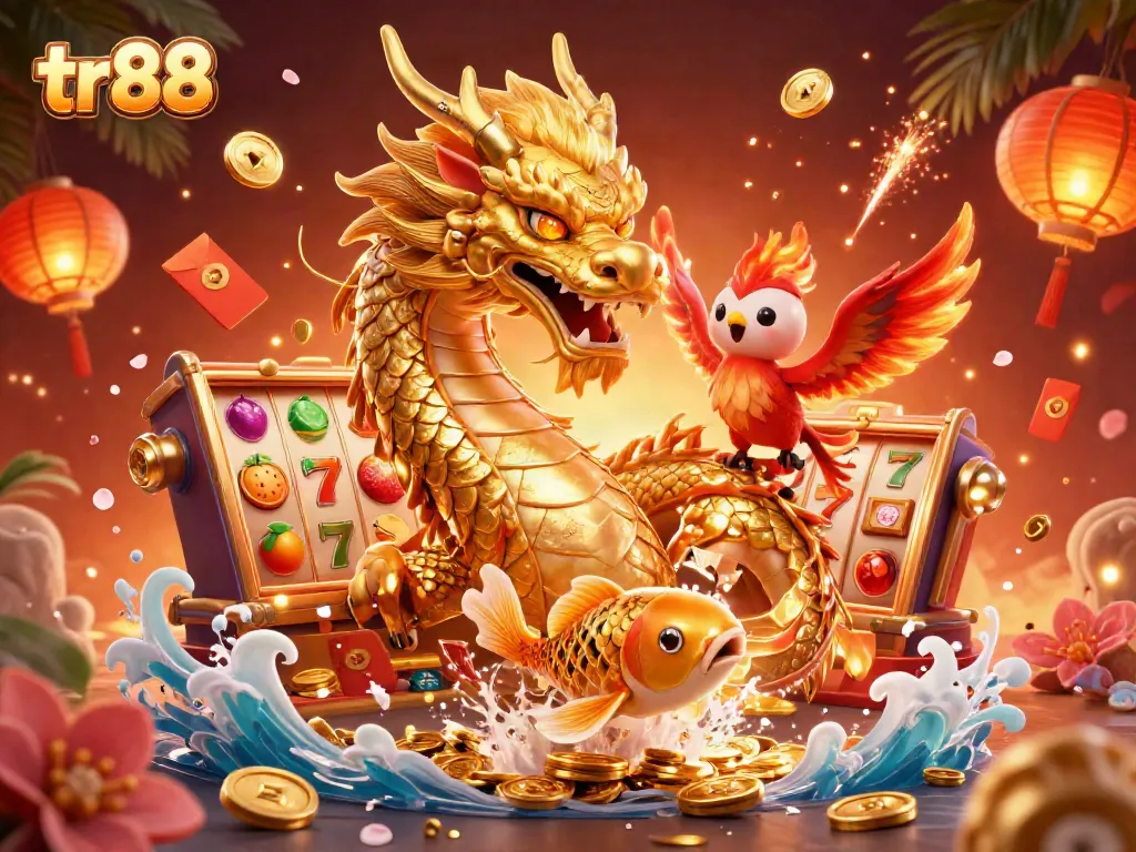 Experience winning moments in tr88 with a dynamic illustration of a casino adventure featuring legendary creatures.