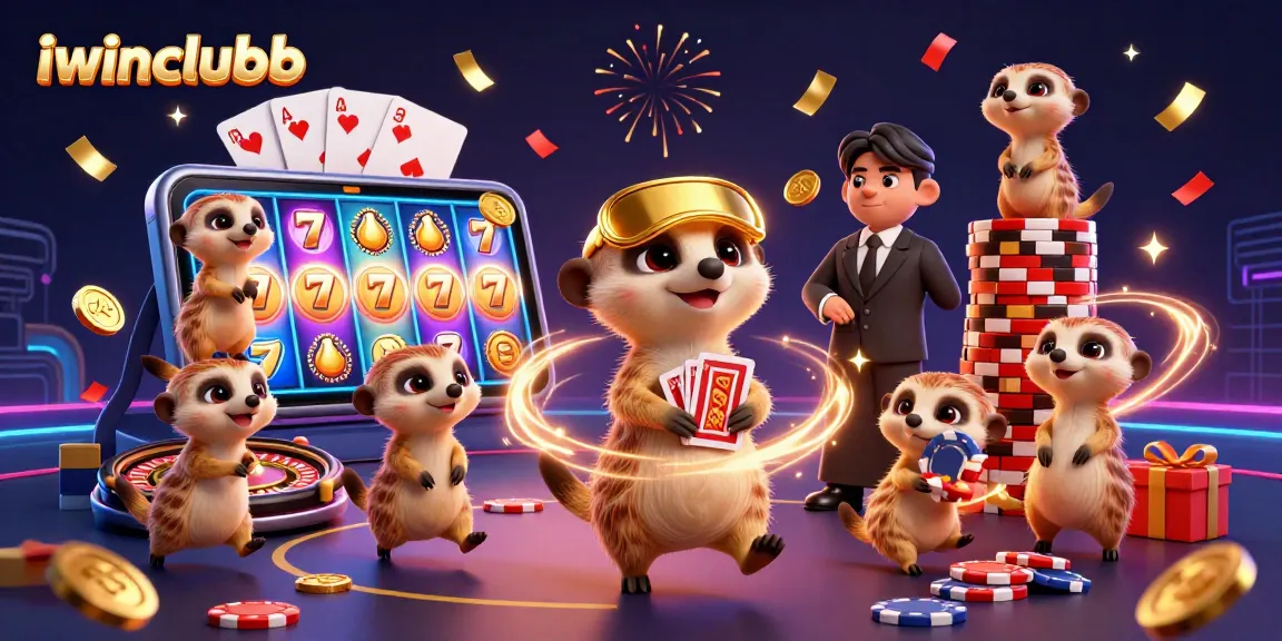 Experience vibrant gaming action with iwinclubb as meerkats run a lively casino scene, featuring colorful slot games and festive decorations.