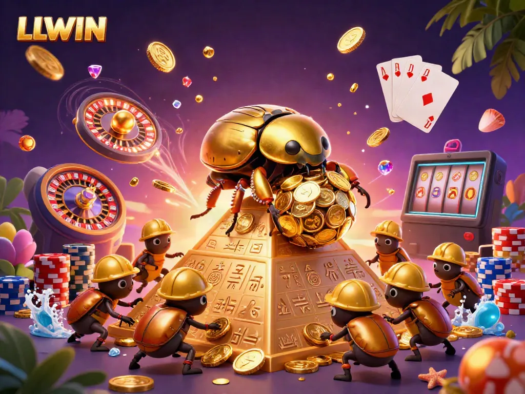 Experience LLWIN's vibrant online casino world with a golden dung beetle rolling a coin ball amidst cascading riches.