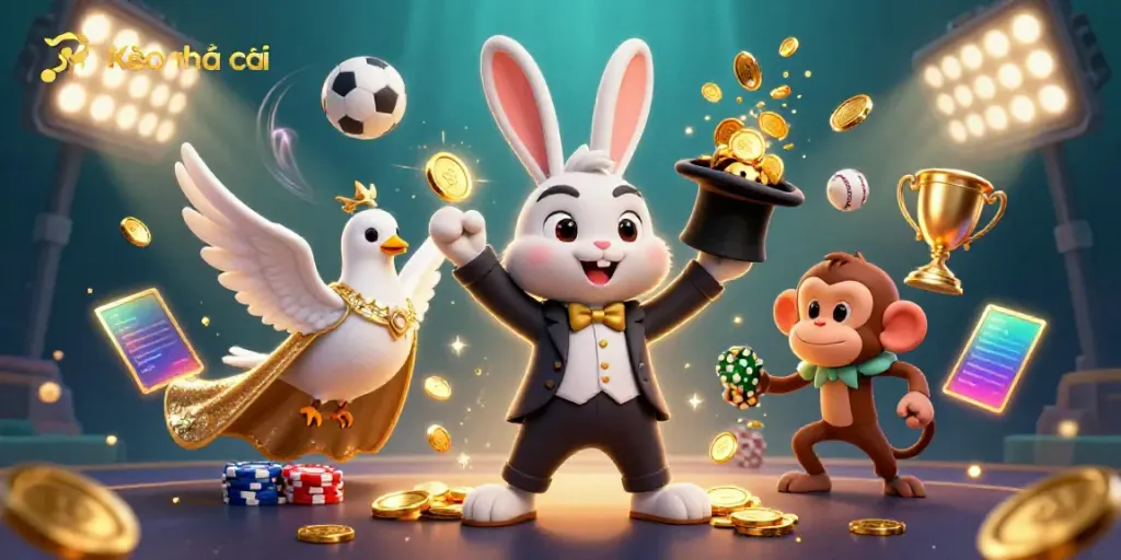 Engage with Kèo nhà cái as a cartoon rabbit conjures coins and sports balls, designed for an interactive gambling theme.