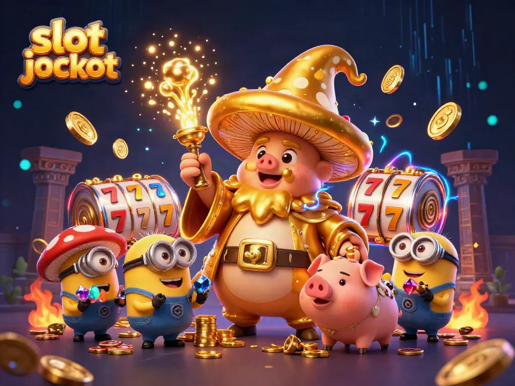 Mendapatkan slot jackpot dengan penyihir jamur emas, babi truffle, dan permata di sekitar.