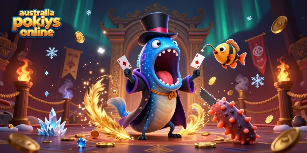 Engaging illustration of australia pokies online featuring a magical eel, anglerfish, and sea cucumber amidst gold coins and colorful effects.