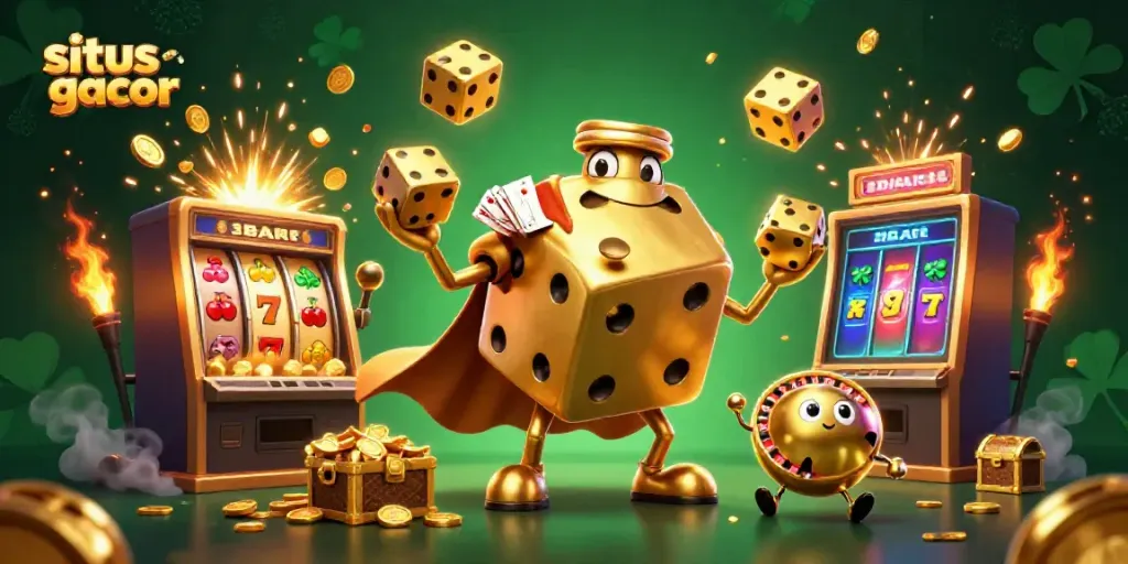 Experience the excitement of situs slot gacor with a vibrant 3D casino scene featuring golden dice and jackpots.