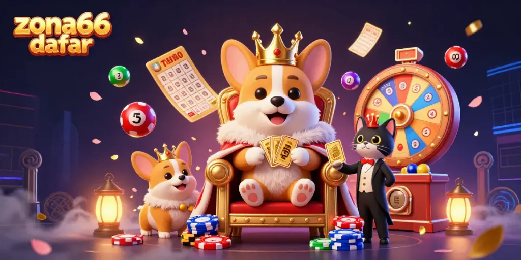 Menyambut zona66 daftar dengan corgi kerajaan bermahkota emas di tempat duduk penuh chip poker dalam suasana penuh warna.