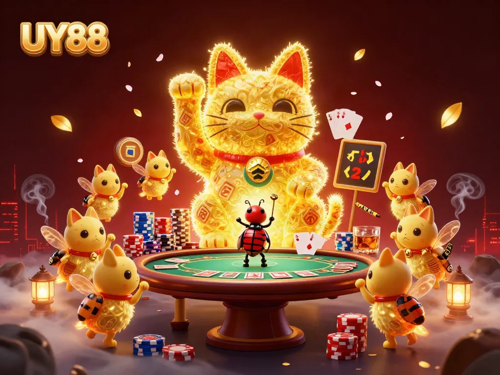 Experience the vibrant UY88 casino world with a dynamic lucky cat and casino elements.