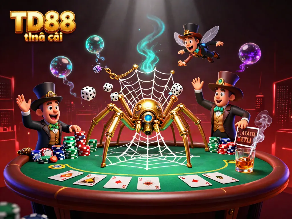 Engage with TD88 nhà cái through a vibrant, dynamic scene of playful 3D casino adventure amid golden spider webs and poker elements.