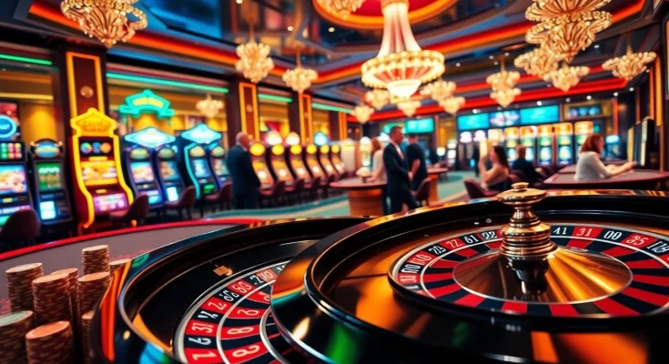 Players engage with the best crypto casinos, showcasing vibrant tables and slot machines.