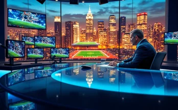 Engaging scene in sports broadcasting showcasing lively discussion at a modern studio.
