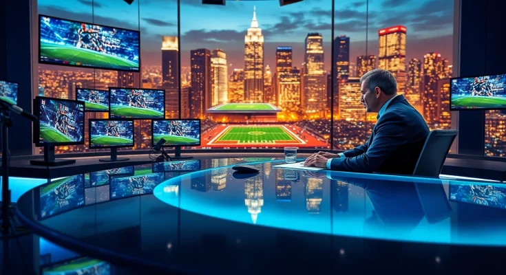Engaging scene in sports broadcasting showcasing lively discussion at a modern studio.