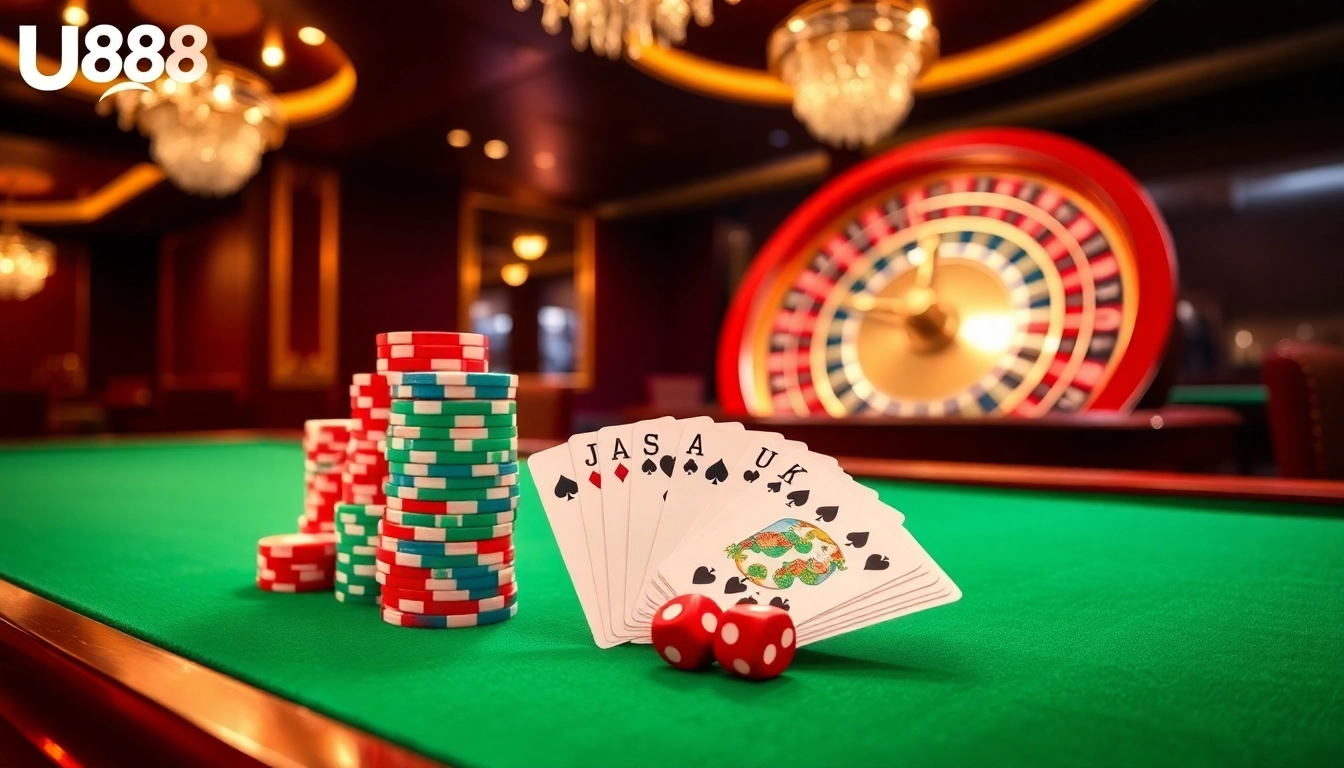 Engaging players at U888 casino table with poker chips and cards in an elegant setting.