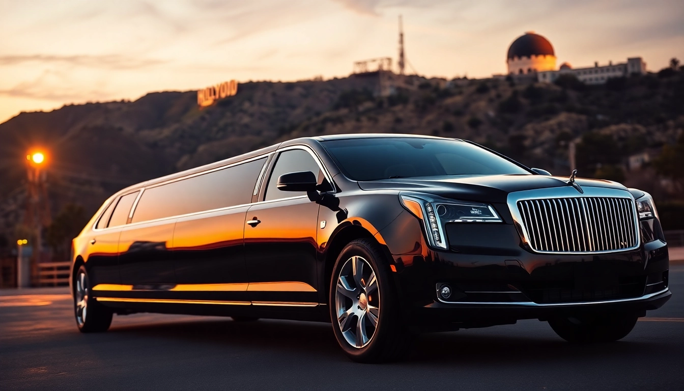 Hollywood Town Car and Limousine arriving at a Los Angeles landmark, showcasing luxury travel.